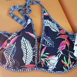 Athleta swim top with bird of paradise print.